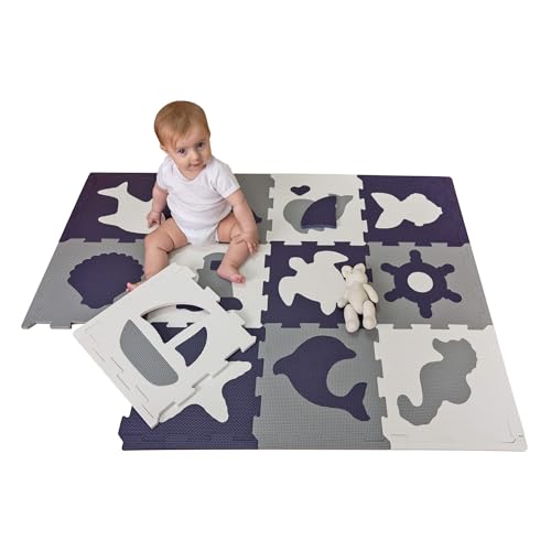Stylische Puzzlematte Baby 1,2x0,9m Meereswelt – 12 Platten à 30x30cm – 20% dickere & weichere...