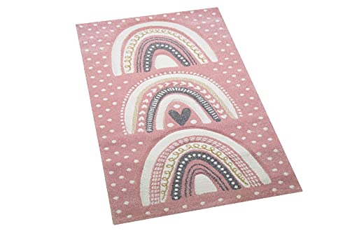 Kinderzimmer Teppich Spielteppich gepunktet Herz Regenbogen Design rosa grau Größe 80x150 cm
