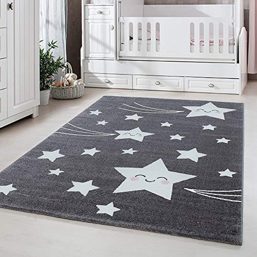 Carpetsale24 Kinderteppich süßes Stern Muster Grau und Creme 80 x 150 cm Läufer - Kurzflor...