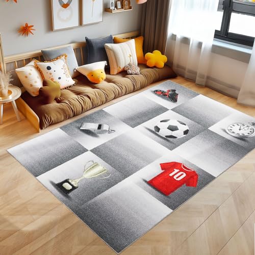SIMPEX KinderTeppich, Fußball-Design, Teppich Grau, 140 x 200 cm, Teppich für Kinder, Teppich...