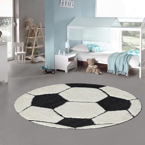 Teppich-Traum Kinderteppich rund Fußball 3D-Effekt schwarz weiß weich Kinderfreundlich, 80 cm Rund