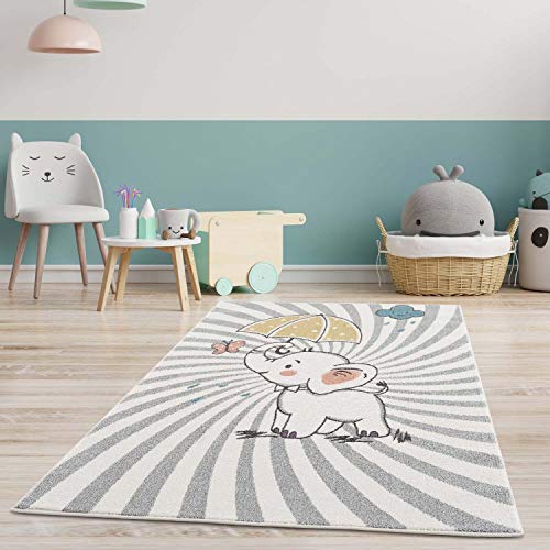 Kinderteppich Läufer - Tier-Motiv Baby-Elefant 80x150 cm Creme Multi - Kinderzimmer Teppich Modern