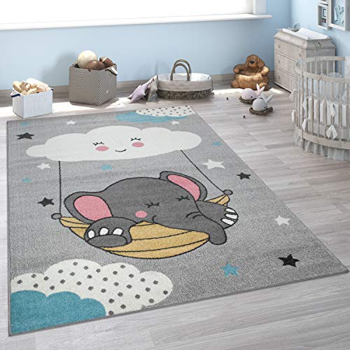 Paco Home Kinderteppich, Teppich Kinderzimmer Niedliches Baby-Elefant Motiv, Grau, Grösse:160x220...