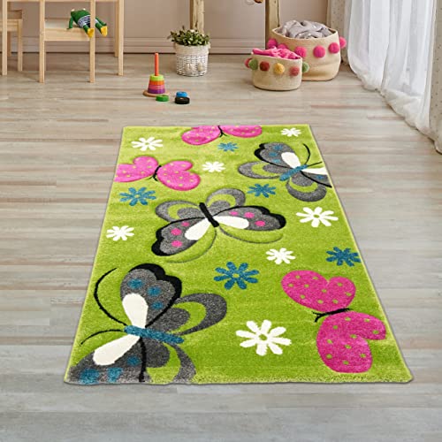 Teppich-Traum Farbenfroher Schmetterlings-Teppich für Kinderzimmer ▸ strapazierfähig ▸ grün,...