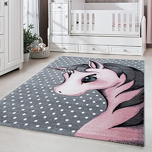 Carpetsale24 Kinderteppich Modern Einhorn-Design Pink 80 x 150 cm - Kurzflor Teppich Kinderzimmer...
