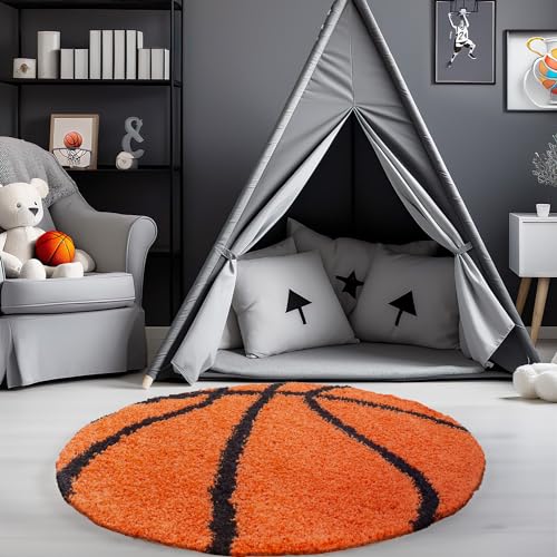 Carpetsale24 Hochflor Kinderteppich Bälle Basketball Form Orange und Schwarz 120 cm Rund - Runder...