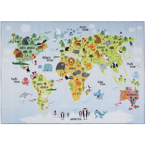 SIMPEX KinderTeppich, Weltkarte mit Tierdesign, Teppich Blau, 80 x 120 cm, Teppich für Kinder,...