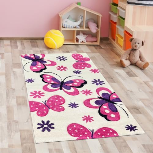 CARPETIA Kinderzimmer-Teppich mit Schmetterlingen in Creme pink Läufer Größe 80 x 150 cm