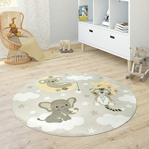 Paco Home Kinderteppich Teppich Rund Kinderzimmer Spielmatte Babymatte rutschfest Stern Mond Elefant...