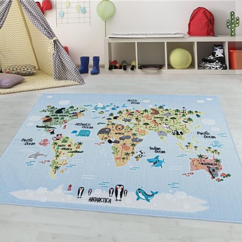 Kinderteppiche für Kinder Weltkarte Tiere Spielteppich Waschbar Jungen & Mädchen Teppich für...