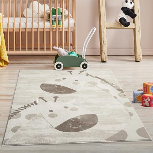 carpet city Kinderteppich Creme, Beige - 120x160 cm - Tier-Muster Giraffen - Kurzflor Teppiche...