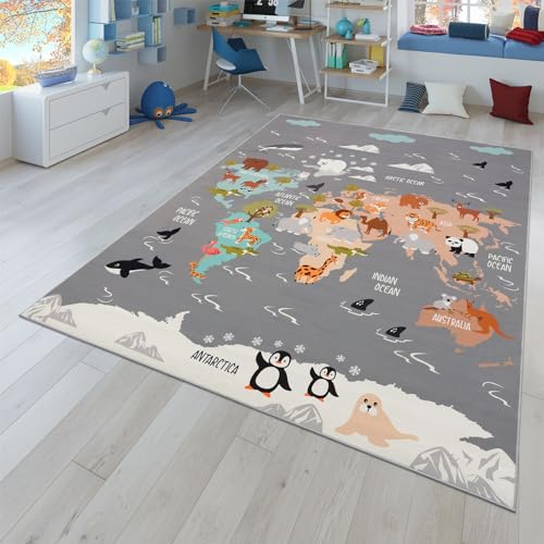 TT Home Kinderteppich Babyzimmer Teppich Kinderzimmer rutschfest Tiere Weltkarte Autos, Farbe:Grau...